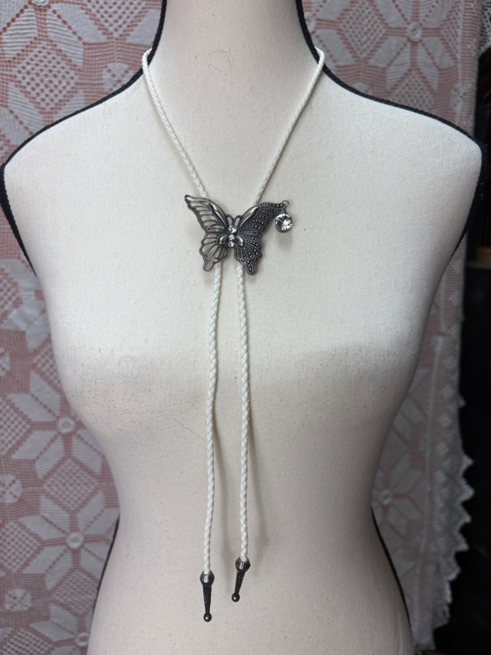 Handcrafted Butterfly Bolo Tie Necklace White Braided Cord - Picture 1 of 7